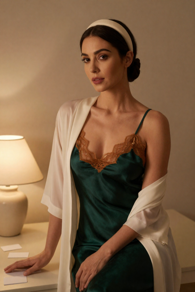 ChuhaiGuide muse in a deep green silk slip dress seated at the lantern desk with blank cards